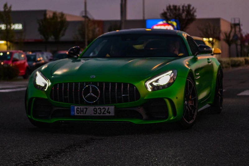 Green Mercedes-AMG GT R at night