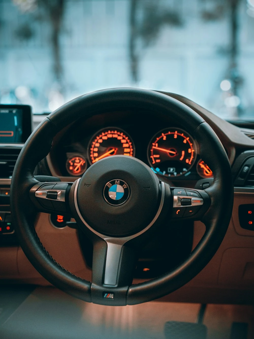 BMW M Sport steering wheel and dark leather interior, dials lit